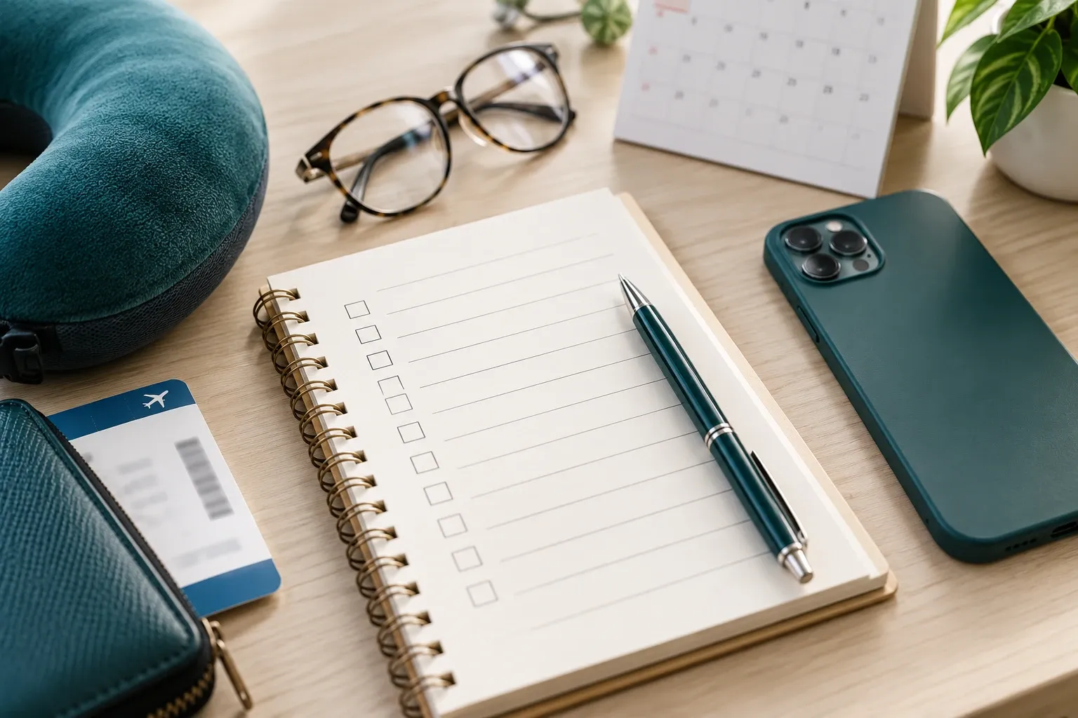 A blank checklist notebook with a phone, calendar and boarding pass for planning a dental trip