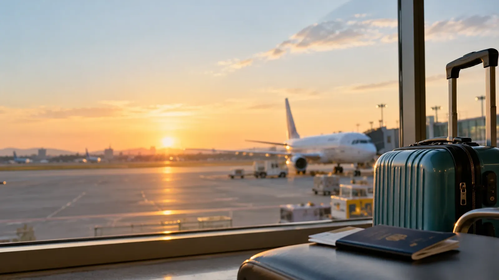 A suitcase and passport at an airport window at sunrise