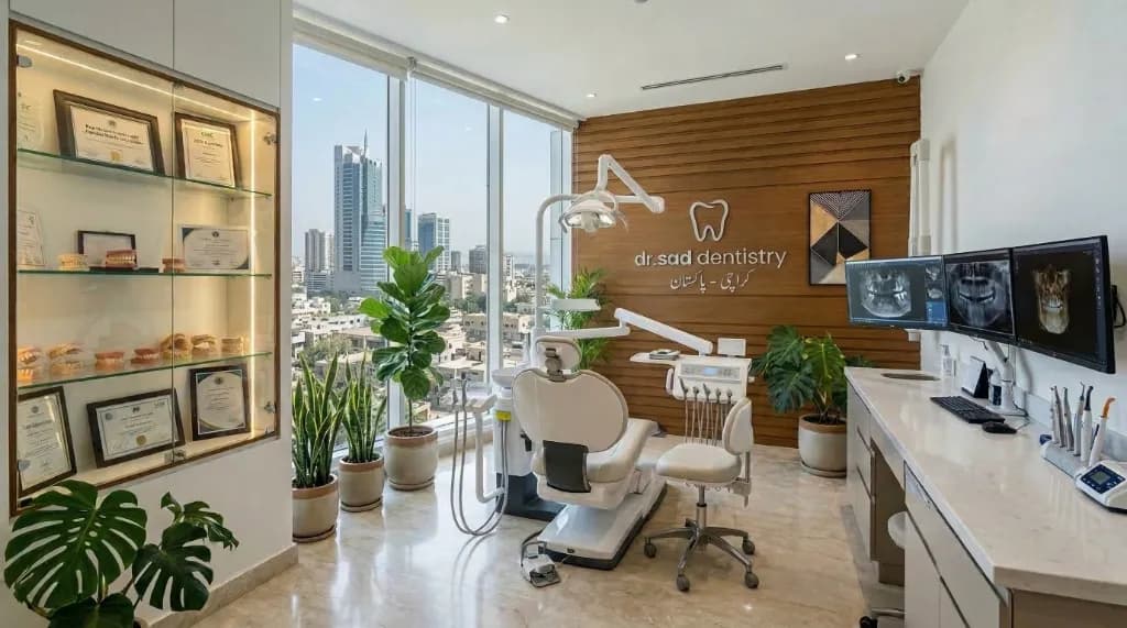 Dr. Saad Irfan Dentistry clinic interior in Karachi with dental chair, certificates, and imaging screens