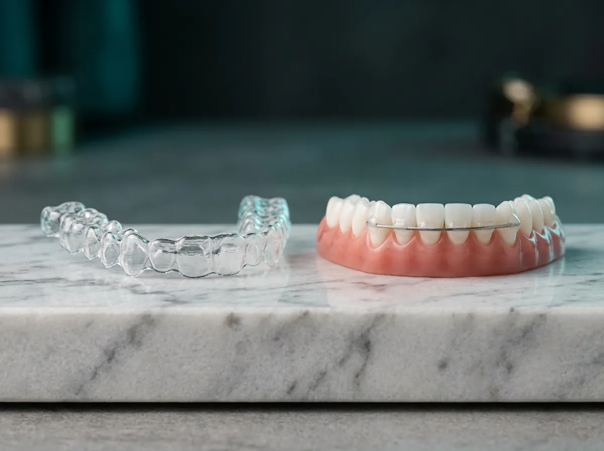 Clear removable orthodontic retainer, shown after braces treatment