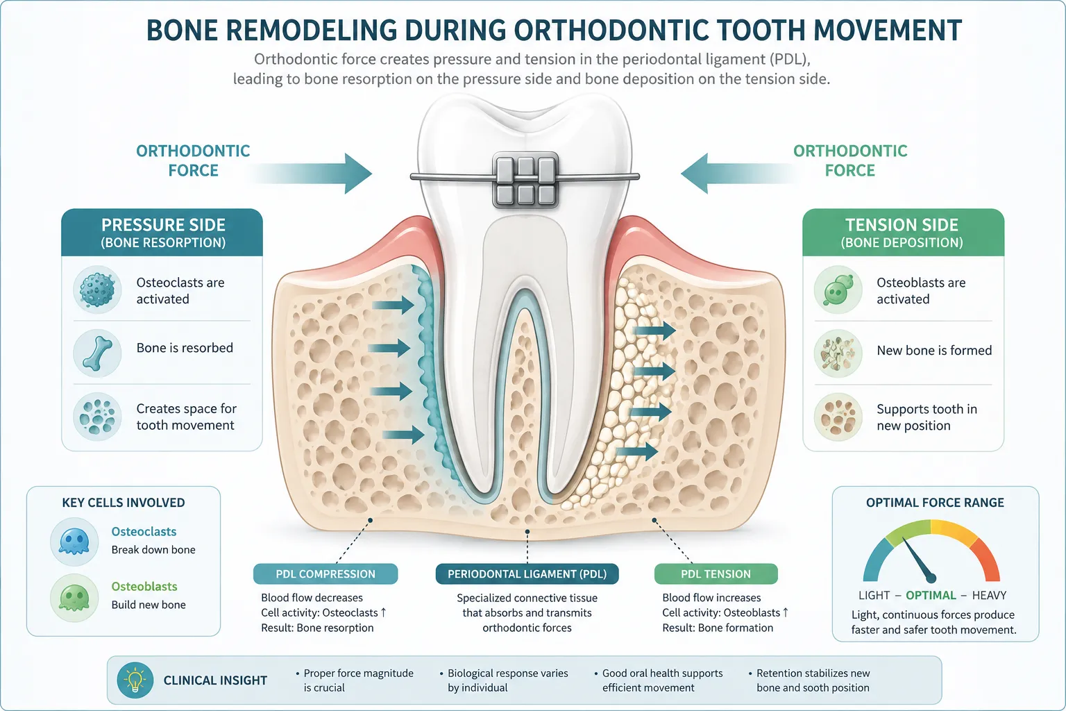 Diagram showing how orthodontic pressure moves teeth through bone remodelling