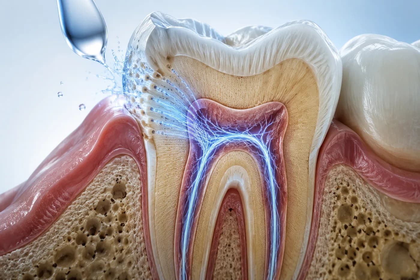 Diagram showing dentine exposure and the tooth sensitivity mechanism