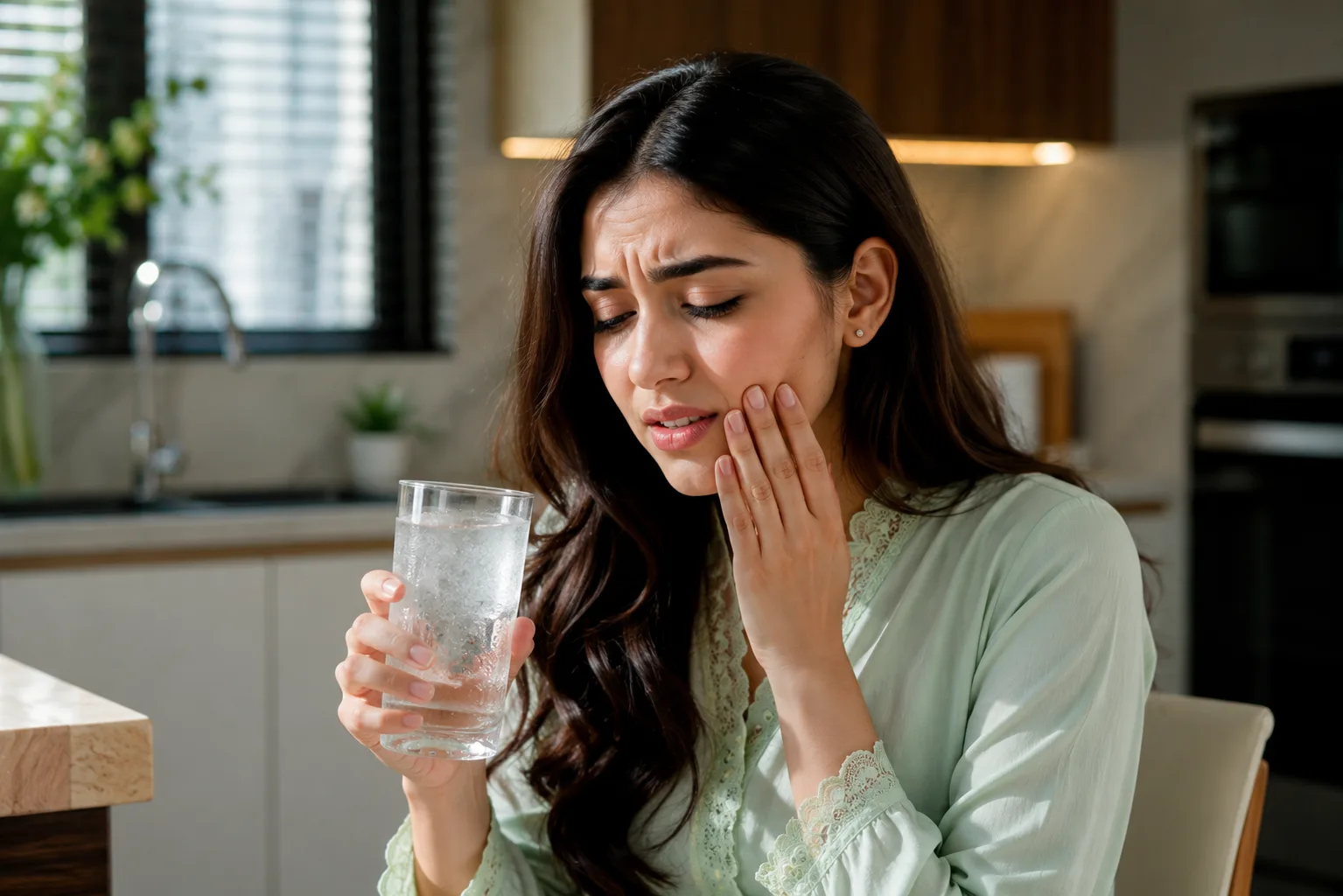 Woman experiencing sharp tooth sensitivity pain while drinking cold water