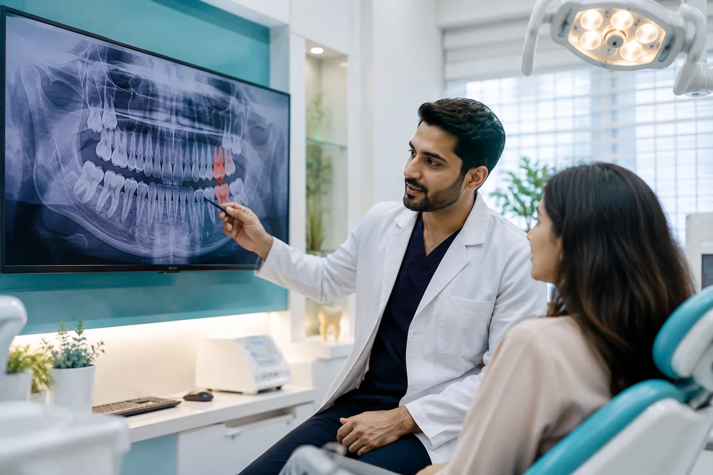 Dr. Saad Irfan explaining a tooth sensitivity diagnosis using a digital X-ray