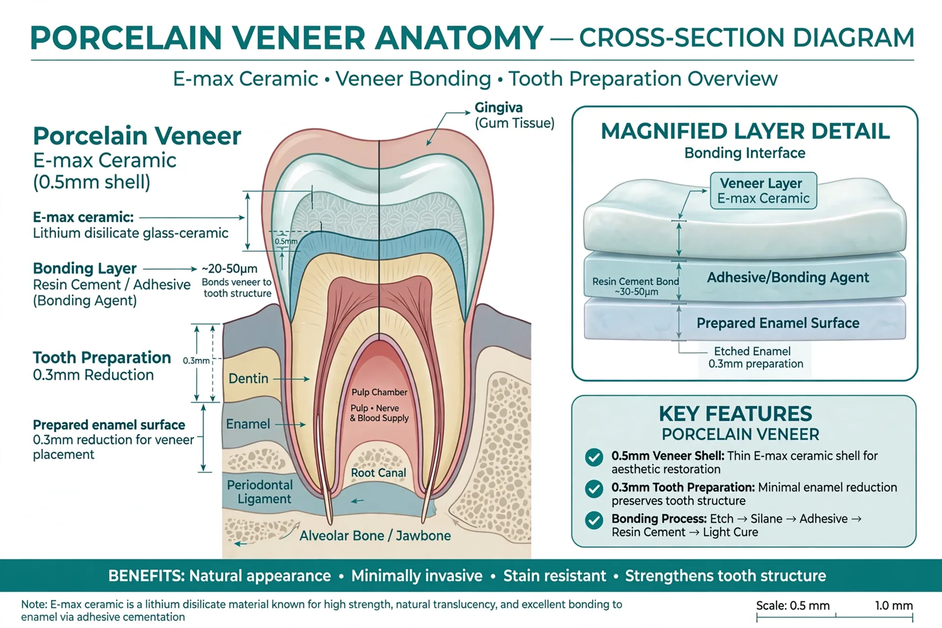 Cross-section showing a thin porcelain veneer bonded to the front of a tooth