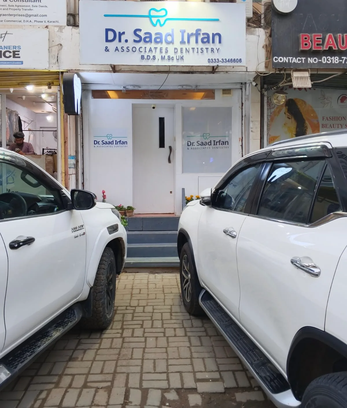 Street entrance of the DHA Phase 5 dental clinic on Badar Commercial Street 2, Karachi