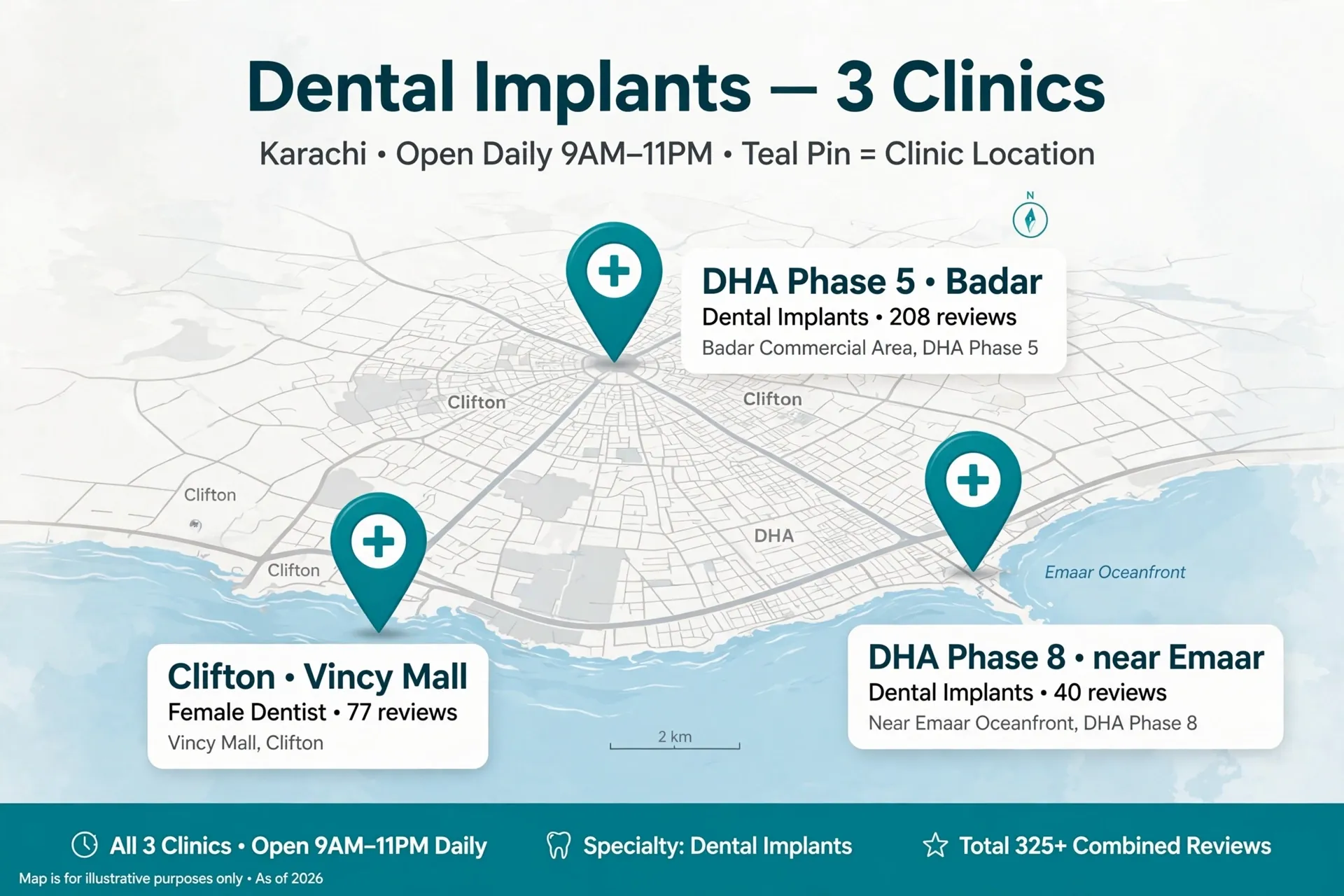 Locations of the three Dr Saad Irfan dental clinics across Karachi
