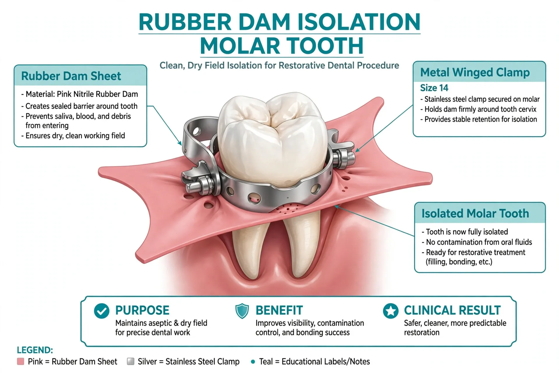 Rubber dam isolating a molar during root canal treatment to keep the field sterile