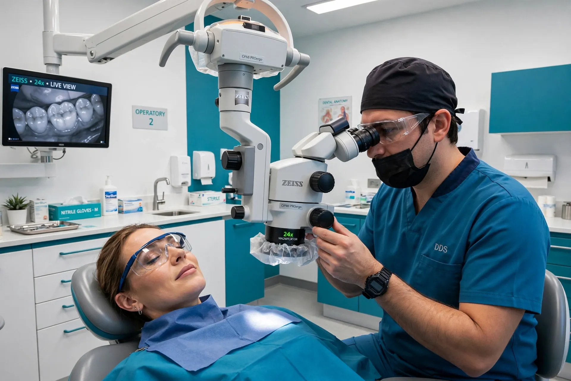 Dental operating microscope used for root canal treatment at up to 24x magnification