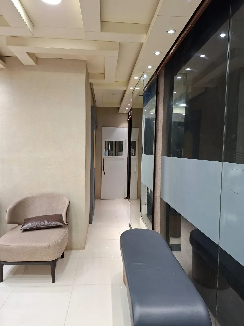 Waiting lounge and corridor at the Clifton Block 9 dental clinic, Karachi