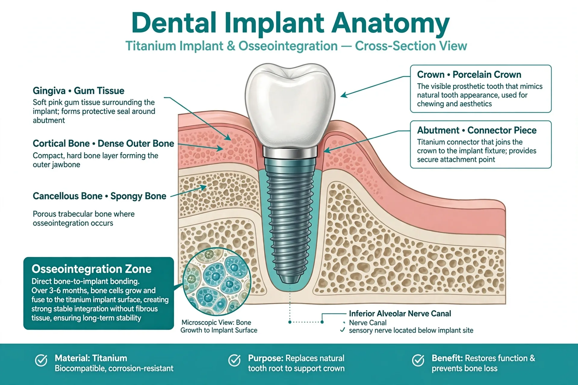 Cross-section of a titanium dental implant fused to the jawbone beneath a crown