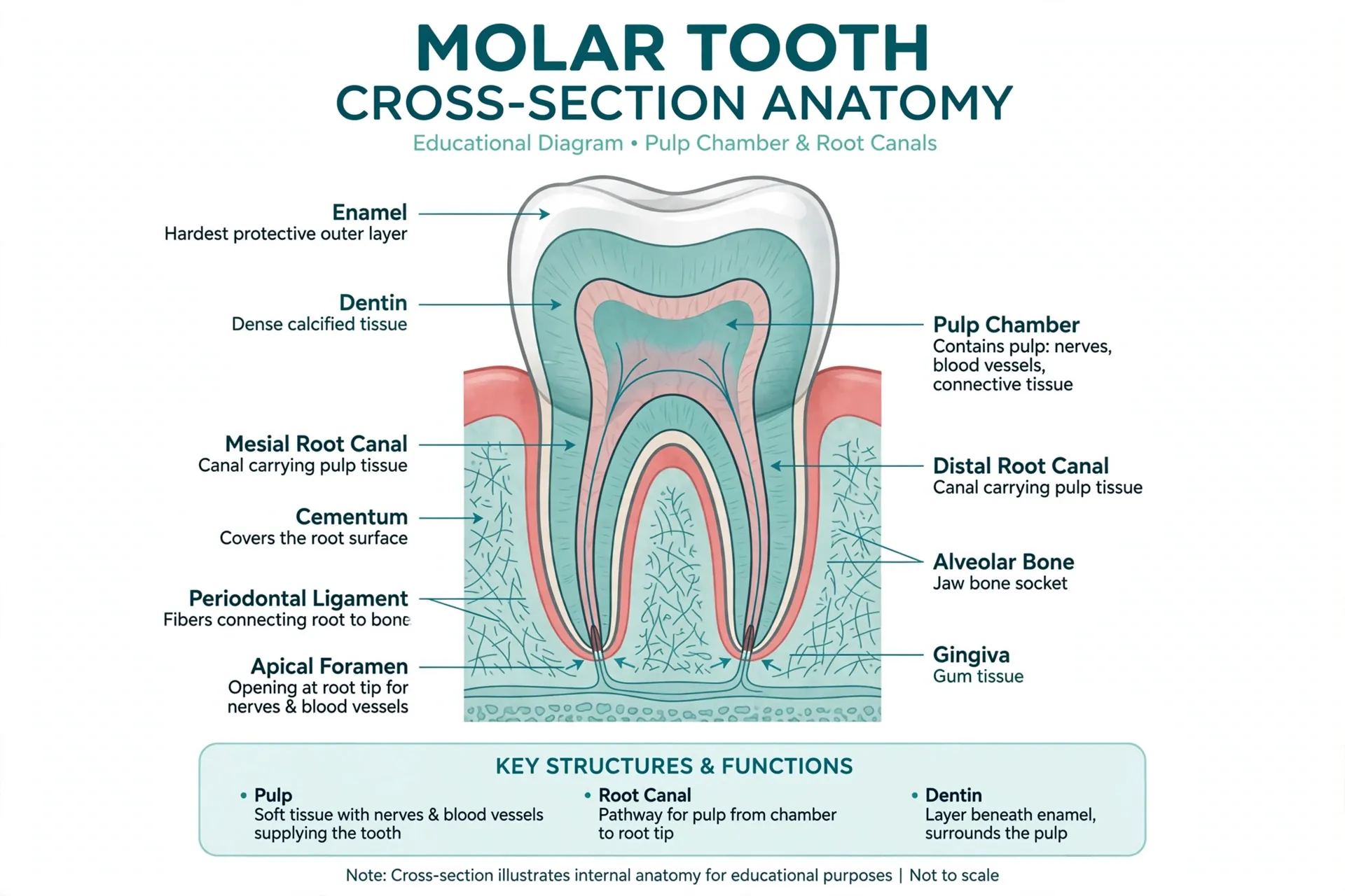 Cross-section of a molar showing the pulp chamber and root canal system